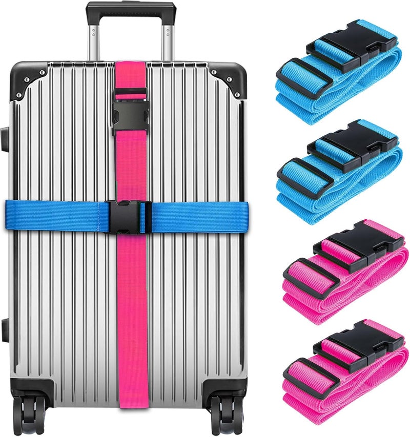 collwait Luggage Straps for Suitcases TSA Approved, Travel Belt Suitcase Belt, Suitcase Straps TSA Approved, Luggage Belt Strap TSA Approved, Travel Straps for Luggage, 4Pcs Luggage Band, Bule & Pink - Image 1